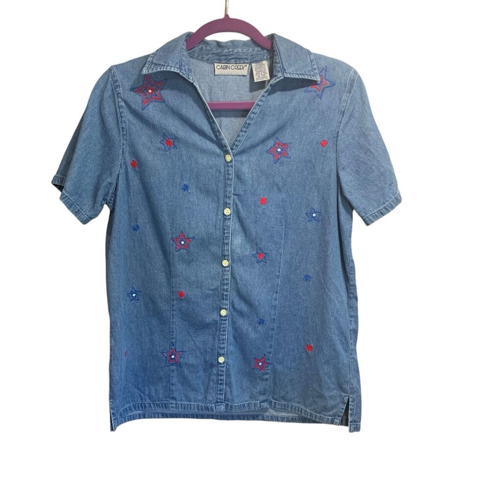 Vintage Cabin Creek Womens Denim Short Sleeve Shirt Embroidered Stars Holiday S